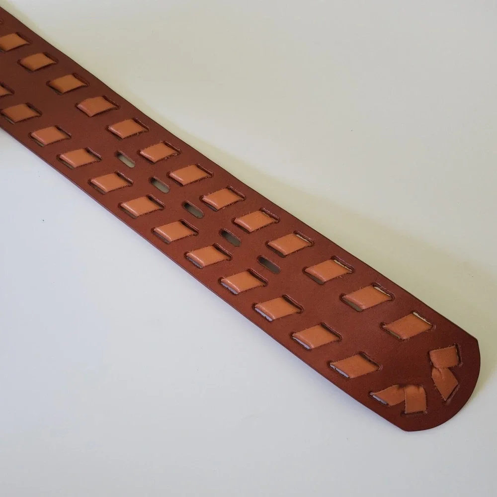 Chicos Wide Woven Leather Hip Belt Medium‎ Brown Tan Adjustable Boho Western